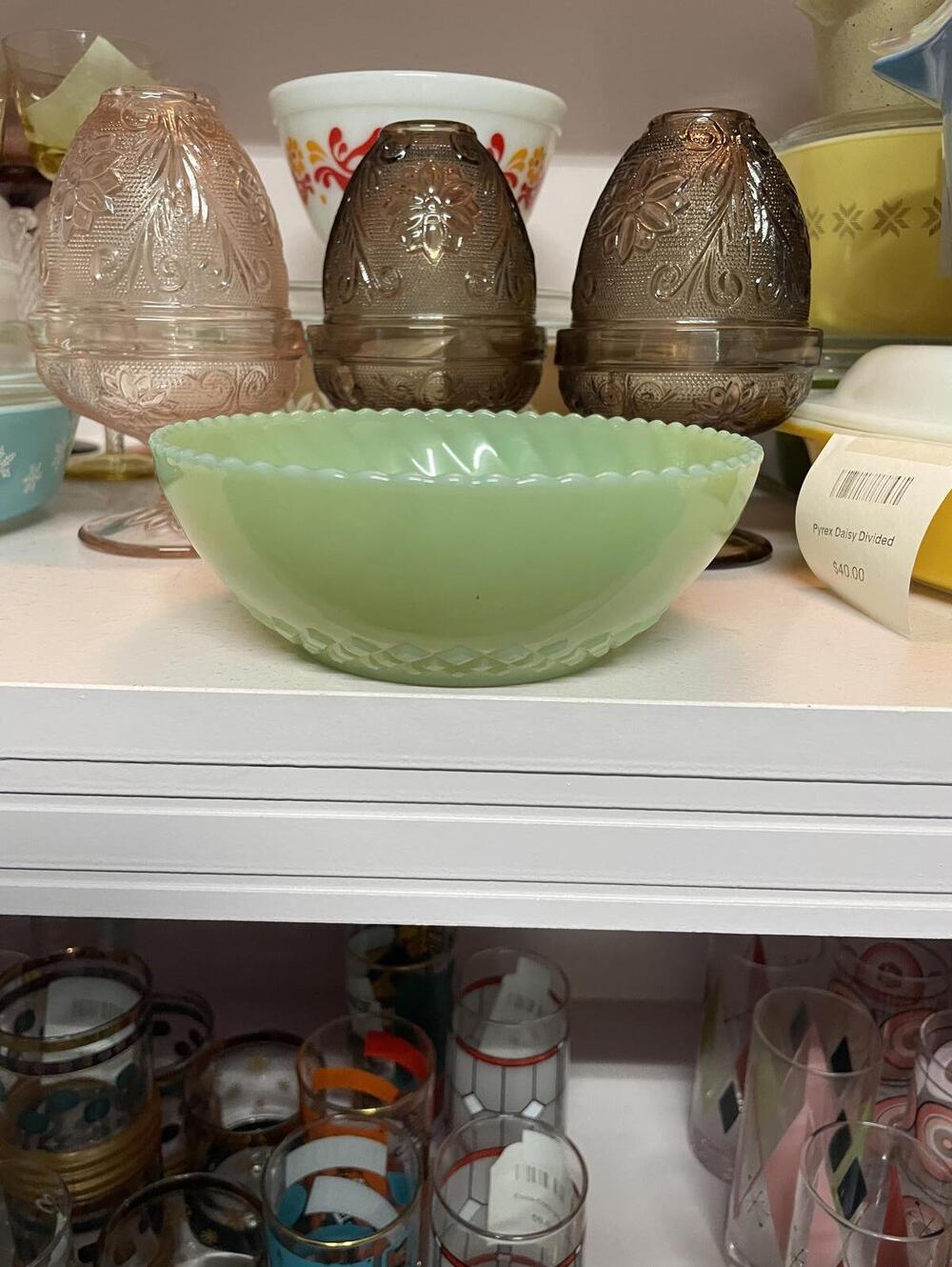 Fire-King Vintage Jadeite Diamond Swirl Bowl – Green Milk Glass, MCM Collectible